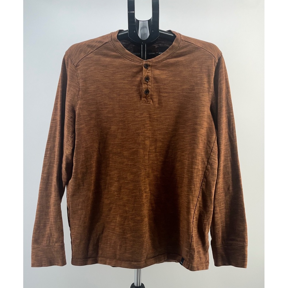 Prana Mens L/S Henley Shirt Textured Button Up Casual Top Brown SZ M